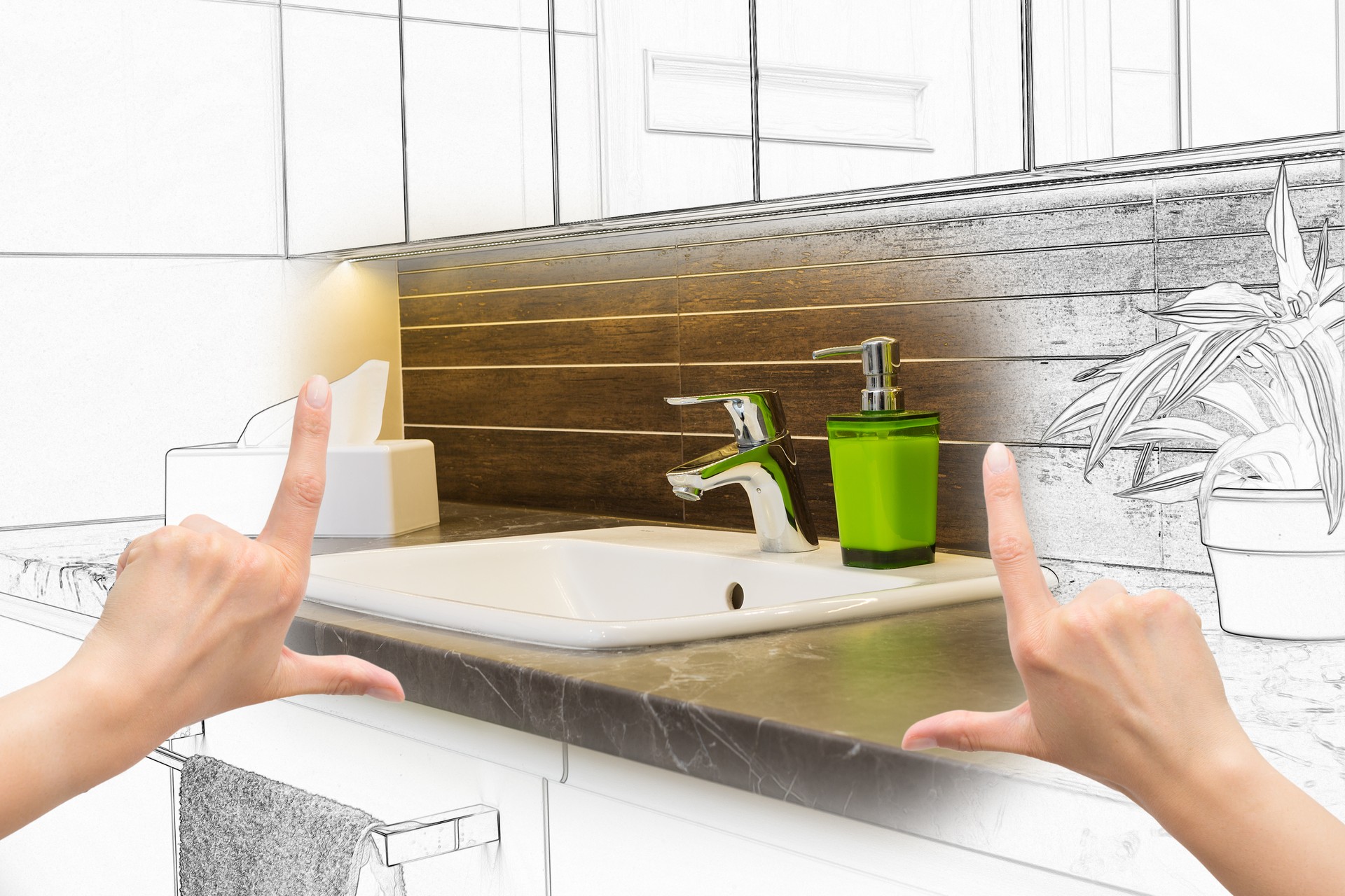 Female hands framing custom bathroom design.